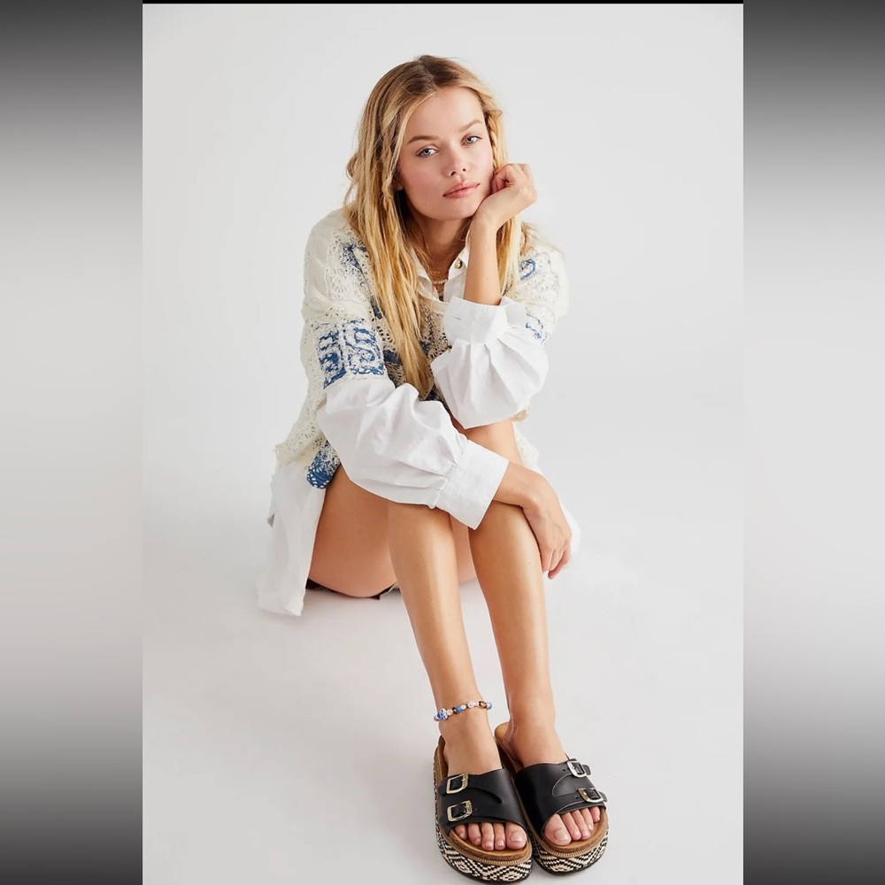 NEW FREE PEOPLE CARAVELLE CORK FOOTBED SANDALS BLACK - Picture 1 of 4